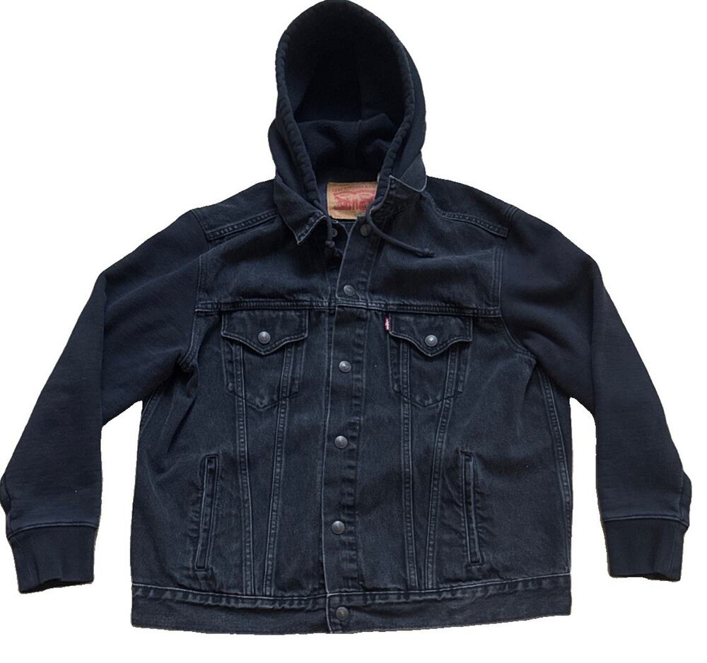 Levis Trucker Hybrid Hoodie Jacket Men’s L Black Denim Button Up Hooded EUC